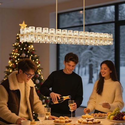 Crystal Gold Rectangular Chandelier for Dining Room, 54 in Light Fixture Dining Room Chandeliers Over Table, Modern Crystal Chandeliers Pendant Light for Kitchen Island, Living Room