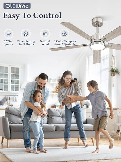 52 Inch Ceiling Fan with Lights and Remote, Smart APP Control, Dimmable with All-Setting Memory, Quiet DC Motor Reversible Blades, Damp Rated Modern Ceiling Fan for Bedroom Patio Living Room