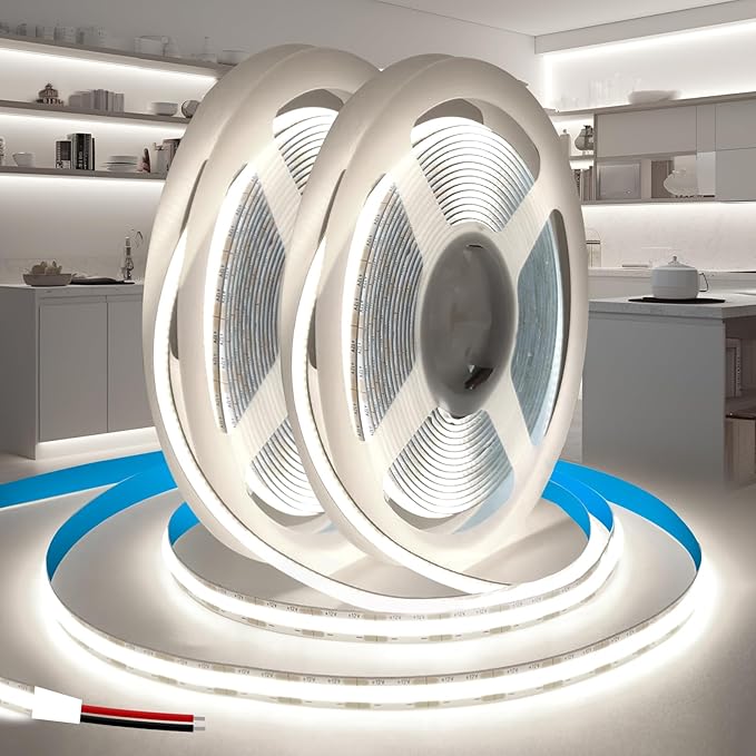 COB LED Strip Lights 16.4ft/5m 2pcs, 12V LED Light Strip, Daylight White 6000K Under Cabinet Lighting, Super Bright Flexible Tape Lights for Bedroom,Kitchen,Living Room(Power Supply Not Included)
