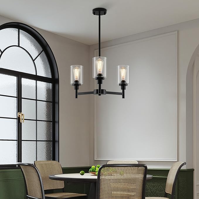 LIGHTDAMY 3 Lights Black Chandeliers for Dining Room Light Fixture Over Table, Entryway Chandelier for Foyer, Hallway Lighting Fixtures with Glass Shade for Dining Room Kitchen Island Foyer Hallway