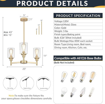 LIGHTDAMY 3-Lights Gold Chandeliers for Dining Room Light Fixture, Farmhouse Chandeliers Over Table, Hallway Lighting Fixtures with Glass Shade for Entryway Dining Room Kitchen Island Foyer