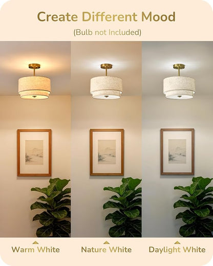 EDISHINE 12.6Inch Semi Flush Mount Ceiling Light, 3-Light Close to Ceiling Light Fixtures with Double Drum Linen Fabric Shade, Modern Mount Lamp for Bedroom Hallway Dining Room, Brushed Gold