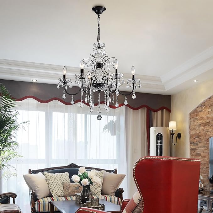 Bestier Black Finish Elegent Crystal Candle Candelabra Chandelier 6 Light Lighting Fixture LED Pendant Ceiling Light Dia 26 in x H 26 in