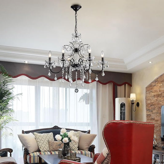 Bestier Black Finish Elegent Crystal Candle Candelabra Chandelier 6 Light Lighting Fixture LED Pendant Ceiling Light Dia 26 in x H 26 in