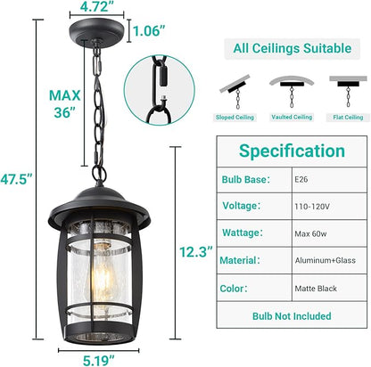 LOUSACE Outdoor Pendant Light - Adjustable Exterior Hanging Light Fixture Matte Black 1-Light Outdoor Chandelier Lantern Waterproof Aluminum with Seeded Glass for Front Porch, Gazebo, Patio, ETL List