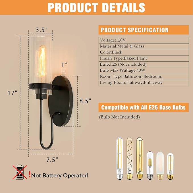 Bathroom Sconces Set of 2, Black Farmhouse Wall Sconce with Clear Glass Shade, Vanity Lights for Bathroom, Living Room, Bedroom, Hallway, Stairwell and Kitchen