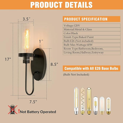 Bathroom Sconces Set of 2, Black Farmhouse Wall Sconce with Clear Glass Shade, Vanity Lights for Bathroom, Living Room, Bedroom, Hallway, Stairwell and Kitchen