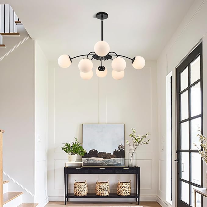 Longree 8-Light Black and White Sputnik Chandeliers with Milk Glass Pendant Light Fixture, with Blossom Accent Mid Century Frosted Glass Bubble Ceiling Lighting for Dining Entry Living Room