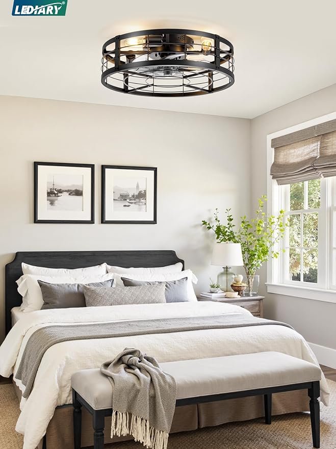 LEDIARY 20" Caged Ceiling Fan with Light and Remote, Low Profile Flush Mount Fandelier, Black Bladeless Enclosed Small Fan Lights Ceiling Fixtures, Rustic Farmhouse Style for Bedroom, Outdoor
