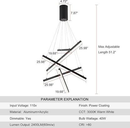 Black Led Modern Pendant Light, 5 Linear Lights led Chandelier Dimmable Hanging Pendant Lighting for Living Dinning Room Staircase Entry Foyer Restaurant