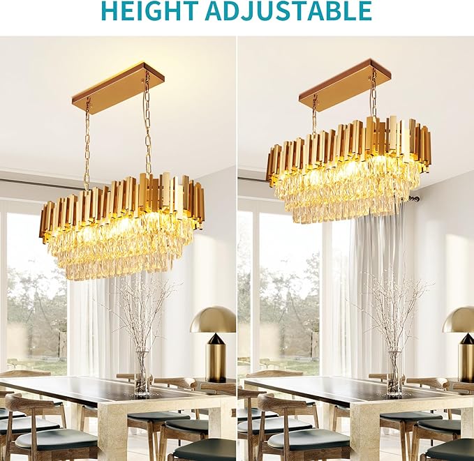 Depuley 31" Crystal Rectangle Chandelier: 3-Tier Gold Glass Crystal Chandelier Island Light Fixtures for Dining Room - 8-Light Linear Pendant Light for Kitchen Island Included Bulbs