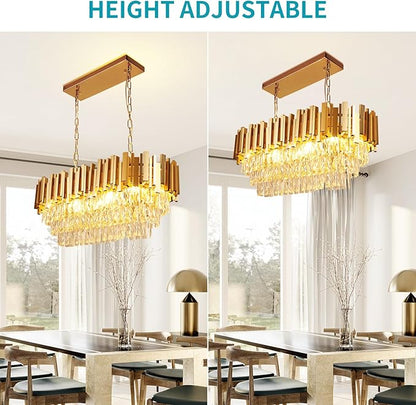 Depuley 31" Crystal Rectangle Chandelier: 3-Tier Gold Glass Crystal Chandelier Island Light Fixtures for Dining Room - 8-Light Linear Pendant Light for Kitchen Island Included Bulbs