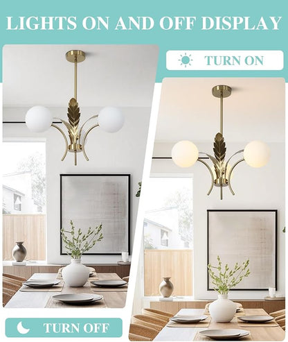 BOKT 3 White Globe Dining Room Light Fixtures Over Table Gold Brass Milk Glass Semi Flush Mount Ceiling Lights Mid Century Modern Sputnik Chandelier for Entryway Farmhouse Kitchen
