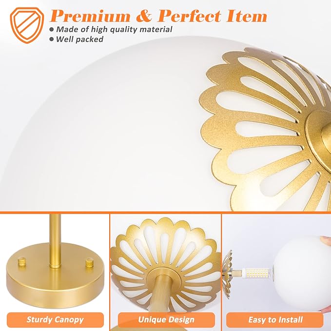 3 Lights Gold Chandelier Mid Century Modern Light Fixture, Gold Semi Flush Mount Ceiling Light with Frosted Globe Glass for Living Room, Bedroom, Nursery Room & Office Ceiling Light (Bulbs Included)