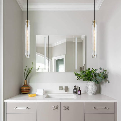 Modern Clear Crystal Pendant Light – Adjustable Ceiling Lamp with Dimmable LED Bulbs, Energy-Efficient Lighting for Kitchen Island, Dining Room, Bathroom, and Bedroom (14.95", 2 Bulbs)