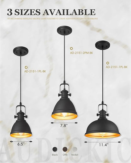 2-Pack Pendant Lights Kitchen Island, 8" Black Hanging Lights Fixtures with Metal Shade, Farmhouse Rustic Kitchen Pendant Lighting Over Island for Dining Room, AD-2151-2PM-BK