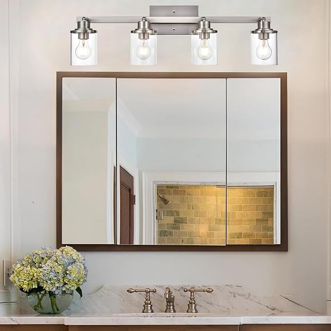 4 Lights Directional Ceiling Light Fixtures with Flexibly Rotatable Light Head Brushed Nickel Bathroom Lights Modern Complete Track Lighting Kits with Clear Glass Shade, E26 Base