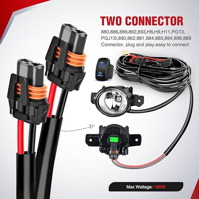 Nilight 16AWG Fog Light Wiring Harness Kit 12V Heavy Duty 5PIN Rocker Switch Relay Blade Fuse Lights Socket Connector Compatible with H11 H9 H8 886 889 892 PGJ13 Bulbs
