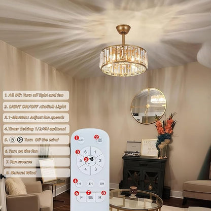 18.2" Gold Caged Ceiling Fans with Lights Remote Crystal Fandelier 4-Lights Flush Mount Fan Light Modern Enclosed Chandelier Fan with 6 Speeds for Bedroom Living Room Kitchen Dining Room Hallway