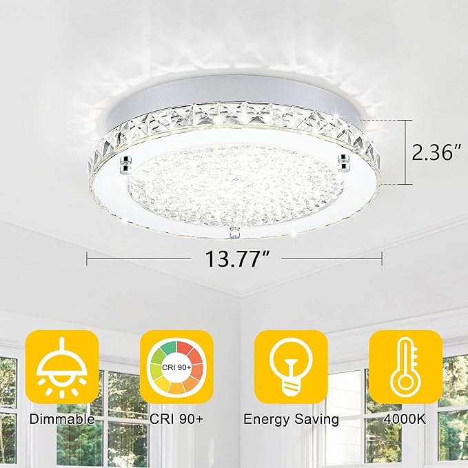Crystal Ceiling Light 13 Inch Flush Mount Ceiling Light Fixture 4000K Dimmable Chandelier Modern Ceiling Lamp for Bedroom Bathroom Kitchen Island