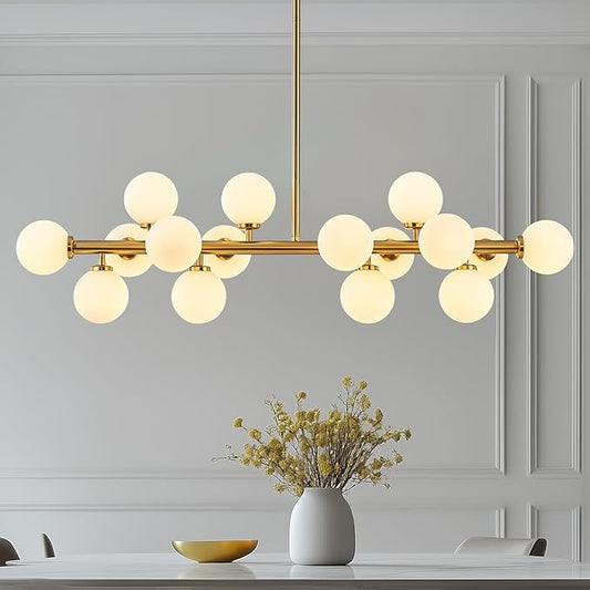 16-Light Globe Sputnik Chandelier, Mid Century Modern Dining Light Fixture Over Table, Brass Gold Linear Chandeliers for Dining Room, Kitchen Island, Living (Milk White Glass Bubble, 40 Inch)