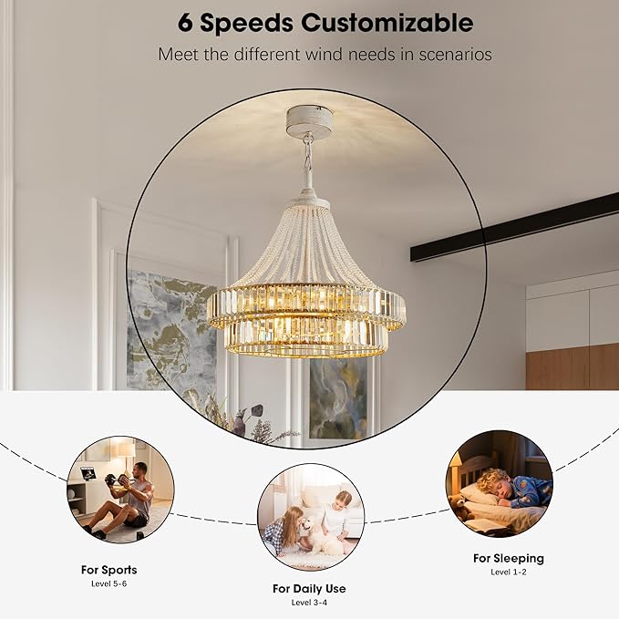 24“ Crystal Ceiling Fan with Lights, Modern Caged Fandelier with Remote & App Control, 6-Speed Reversible DC Motor, 8-Lights Chandelier Fan Double Layer for Bedroom, Living Room (White Gold)