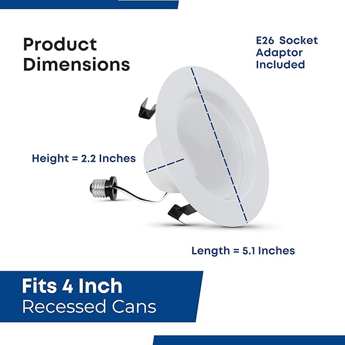 Feit Electric LED 4 Inch Recessed Lighting, 50W Equivalent, Dimmable Retrofit Downlight, E26 Adaptor for Recessed Can Lights, 50,000 Hour Lifetime, 650 Lumens, 5000k Daylight, LEDG2R4/950CA