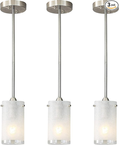 1-Light Mini Pendant Light Fixtures, Modern Chandelier Hanging Ceiling Light with White Frosted Shade, Brushed Nickel Pendant Lighting for Kitchen Bedroom Hallway, Adjustable Height, 3 Pack