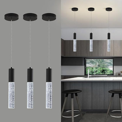 3-Pack Modern Crystal Pendant Light for Kitchen Island, Elegant Black LED Bubble Hanging Chandelier Lighting Fixture for Dining Room Bedside