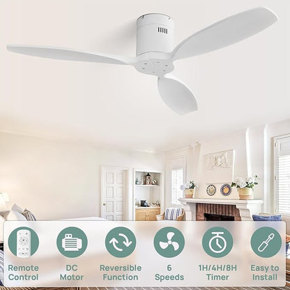 Sofucor 52'' Low Profile Ceiling Fan Remote Control without Lights,Wood Flush Mount White Ceiling Fans no light, Modern Ceiling Fan Reversible DC for Bedroom,Farmhouse,Living Dining Room,Kitchen