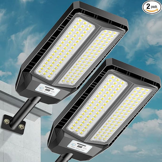VOOJOY Solar Street Lights Outdoor, 7000K Solar Light Outdoor LED Street Light Dusk to Dawn, LED Wide Angle Lamp with Motion Sensor and Remote Control, for Parking Lot, Yard, 5000W, 2 Pack