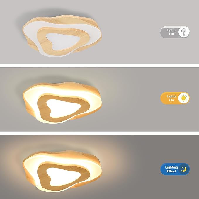 Littleglovo 15.7" Modern Flush Mount LED Chandelier for Dining Room, Natural Wood Petal Energy Chandeliers Ceiling Light for Entryway Bedroom Foyer Kitchen Living Room Bathroom