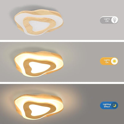 Littleglovo 15.7" Modern Flush Mount LED Chandelier for Dining Room, Natural Wood Petal Energy Chandeliers Ceiling Light for Entryway Bedroom Foyer Kitchen Living Room Bathroom
