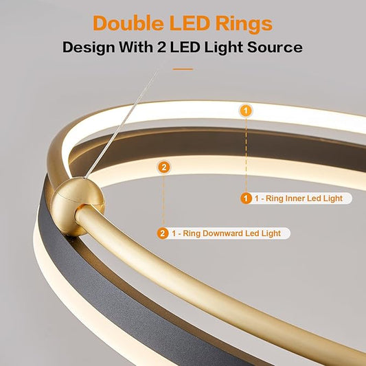 Benkut Modern LED Pendant Light 23.6" Black Gold Dimmable Circular LED Chandelier 1 Ring with Remote, Round Hanging Light for Kitchen Island Dining Room Living Room Foyer Entryway, 2-Ring Lighting
