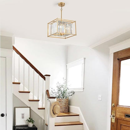Gold Crystal Chandeliers for Dining Room Square 4-Light Height Adjustable 13" Modern Farmhouse Geometric Pendant Lighting Fixture for Bedroom Entryway Foyer Hallway
