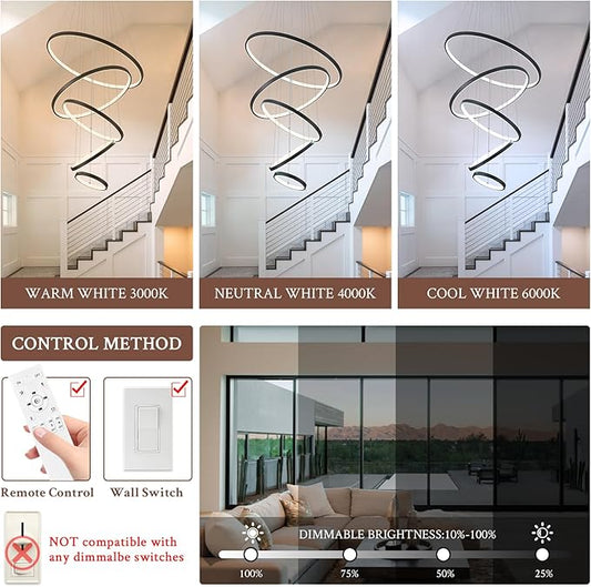 5 Ring Modern LED Chandelier Dimmable Black High Ceiling Chandeliers for Foyer, LED Contemporary Large Pendant Lighting with Remote Control Circular for Living Room Staircase, 3000K-6500K