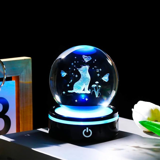 YWHL 3D Crystal Cat Butterfly Figurines Ball with Colorful Light Base, Laser Engraved Cat Gifts for Women Men on Birthday, Animal Snow Globes Figurine Collection for Home Decor