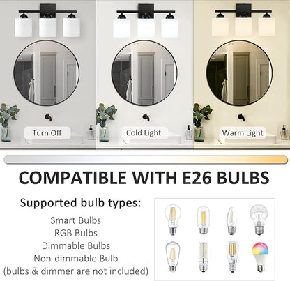 3-Light Matte Black Bathroom Vanity Light, Modern Bathroom Light Fixtures Over Mirror, Farmhouse Wall Sconce with Milky White Glass Shades, E26 Socket