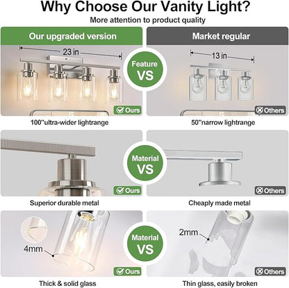 Indoi 4-Light Bathroom Light Fixtures, Brushed Nickel Vanity Lights with Clear Glass Shades, Modern Bathroom Wall Lamp for Mirror Living Room Cabinet Bedroom Porch