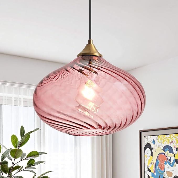 Glass Pendant Lights Kitchen Island, 11'' Brass Gold Pendant Lighting Fixtures, Modern Hanging Ceiling Light with Striped Purple Pink Glass Shade for Farmhouse Dining Room Bedroom Hallway(1 Pack)