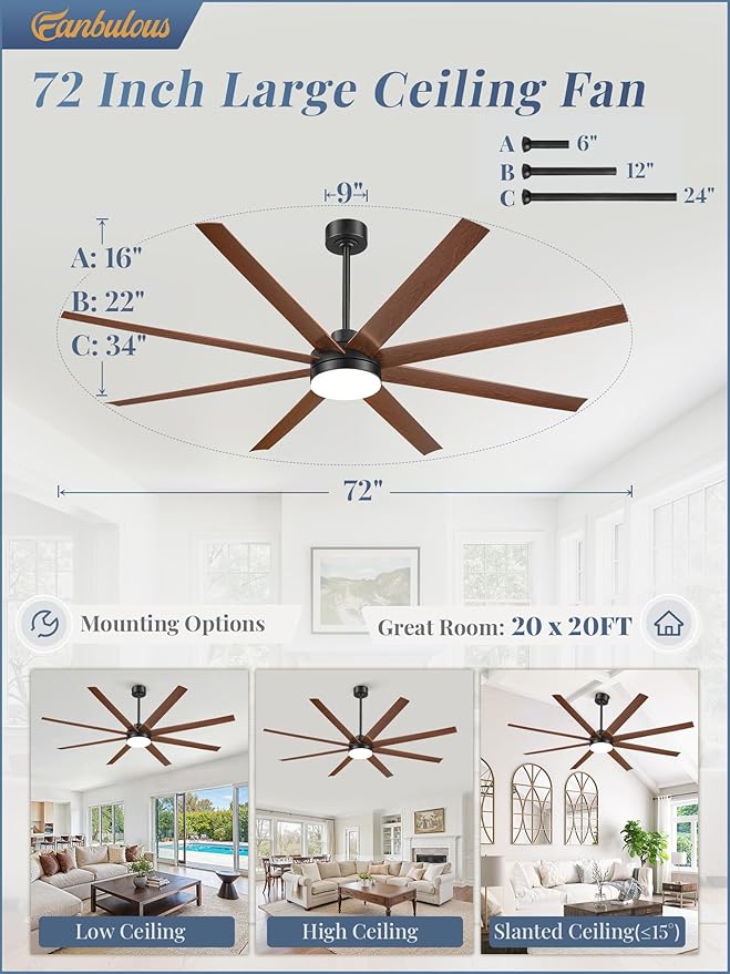 Fanbulous 72 Inch Large Ceiling Fans with Lights, Black Ceiling Fan with Remote Control, Dimmable, 3CCT, Quiet, Modern Ceiling fan For Living Room, Bedroom, Kitchen, Patio, Outdoor