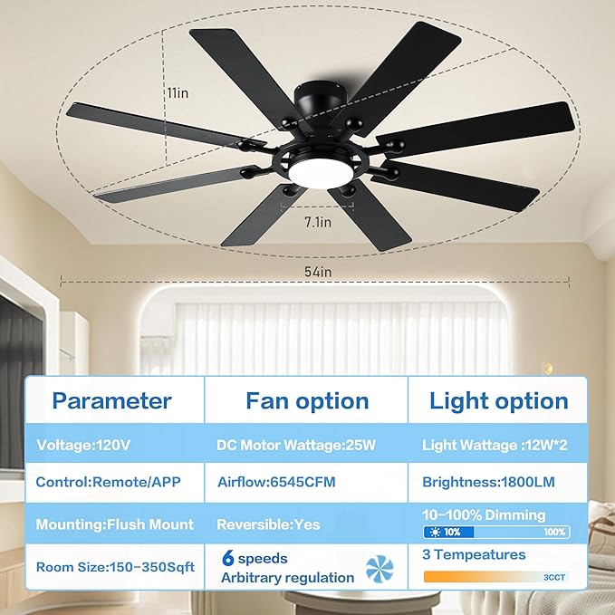Ceiling Fans with Lights, 54 inch Low Profile Ceiling Fan with Light and Remote Control, Flush Mount Ceiling Fan for Bedroom, Living Room, Reversible, 3CCT, Dimmable, Noiseless DC Motor, Black
