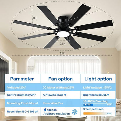 Ceiling Fans with Lights, 54 inch Low Profile Ceiling Fan with Light and Remote Control, Flush Mount Ceiling Fan for Bedroom, Living Room, Reversible, 3CCT, Dimmable, Noiseless DC Motor, Black
