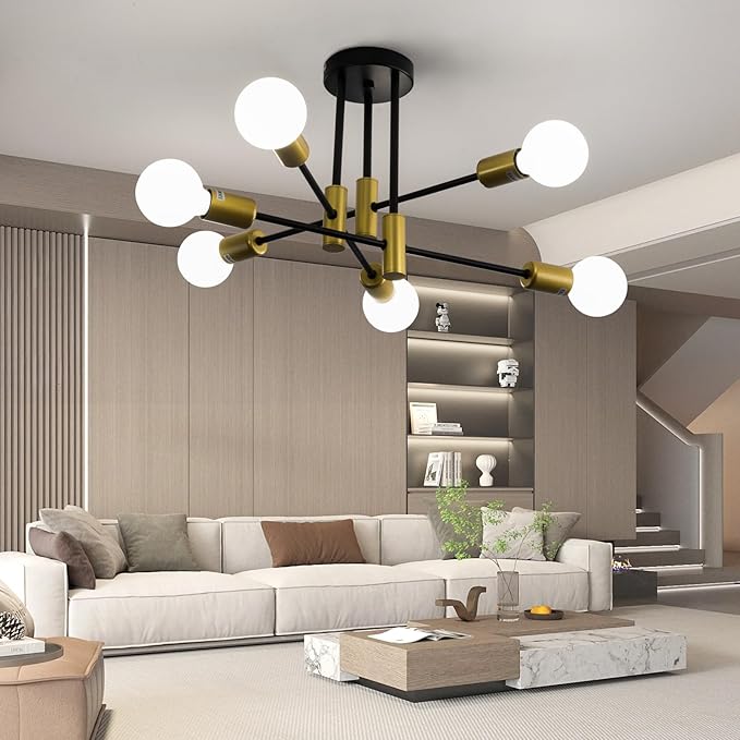 20.5 Inch Black and Gold Sputnik Ceiling Light Fixture 6-Light Black and Gold Sputnik Chandeliers, Mid Century Chandelier Modern Chandelier for Dining Room, Living Room, Bedroom, E26 Base