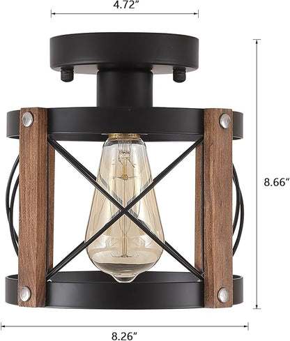 2 Pack Rustic Farmhouse Wood Flush Mount Ceiling Light Fixture Oak Wood and Metal Round Cage Small Semi Flush Mount Ceiling Light for Kitchen Entry Bedroom Country Hallway Farmhouse, Black