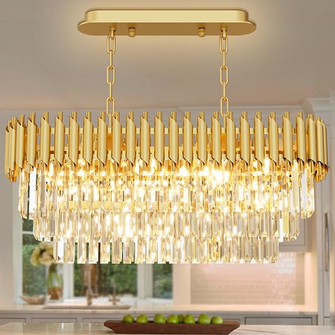 31.5" 8-Light Gold K9 Crystal Chandelier, Luxury Rectangular Raindrop Pendant Light with Adjustable Chain, Hanging Chandeliers for Dining Room, Kitchen Island, Living Room