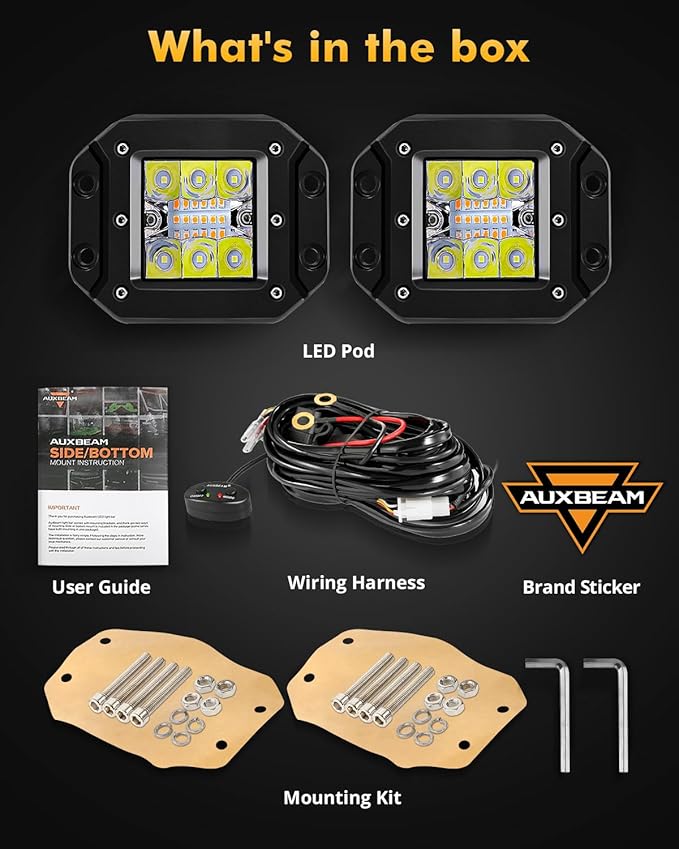 Auxbeam 6 Modes Amber White Series Flush Mount Strobe Lights 5 Inch 72W LED Pods Spot Flood Combo Flashing/Warning Multi-Function Offroad Lighting Bumper Grille Mount, Pair
