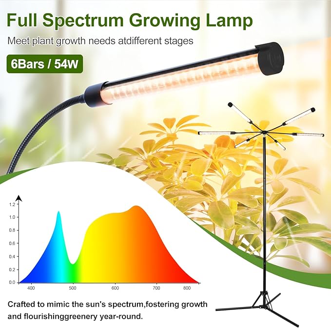 FECiDA 2026 6Head Grow Lights with Upgraded Stand, Big Coverage Grow Lights for Indoor Large Plants, Bonsai Tree, 4/8/12/16/20 Hr Timer, 54 Watt Power Draw, NO Need Adapter, 24"-76" Height Adjustable
