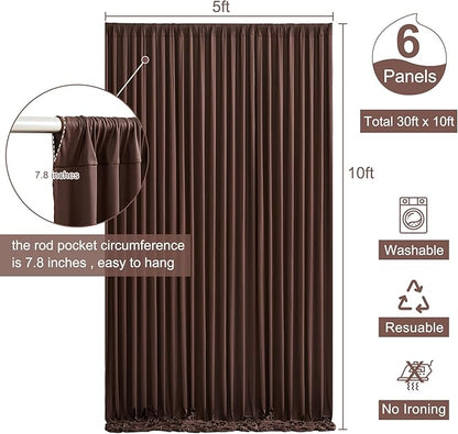 6 Panels Brown Backdrop Curtain for Parties Wedding Wrinkle Free Brown Photo Curtains Backdrop Drapes Fabric Decoration for Birthday Party Baby Shower 30ft(W) x 10ft(H)