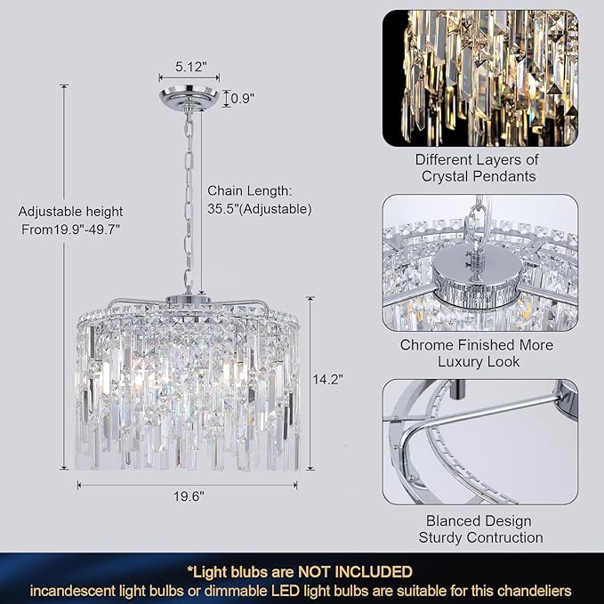 A AXILIXI Round Crystal Chandelier Modern 20" Drum Chandelier with Chain Chrome Adjustable K9 Raindrop Crystal Ceiling Pendant Fixtures 2 Tiers for Dining Room Bedroom Living Room